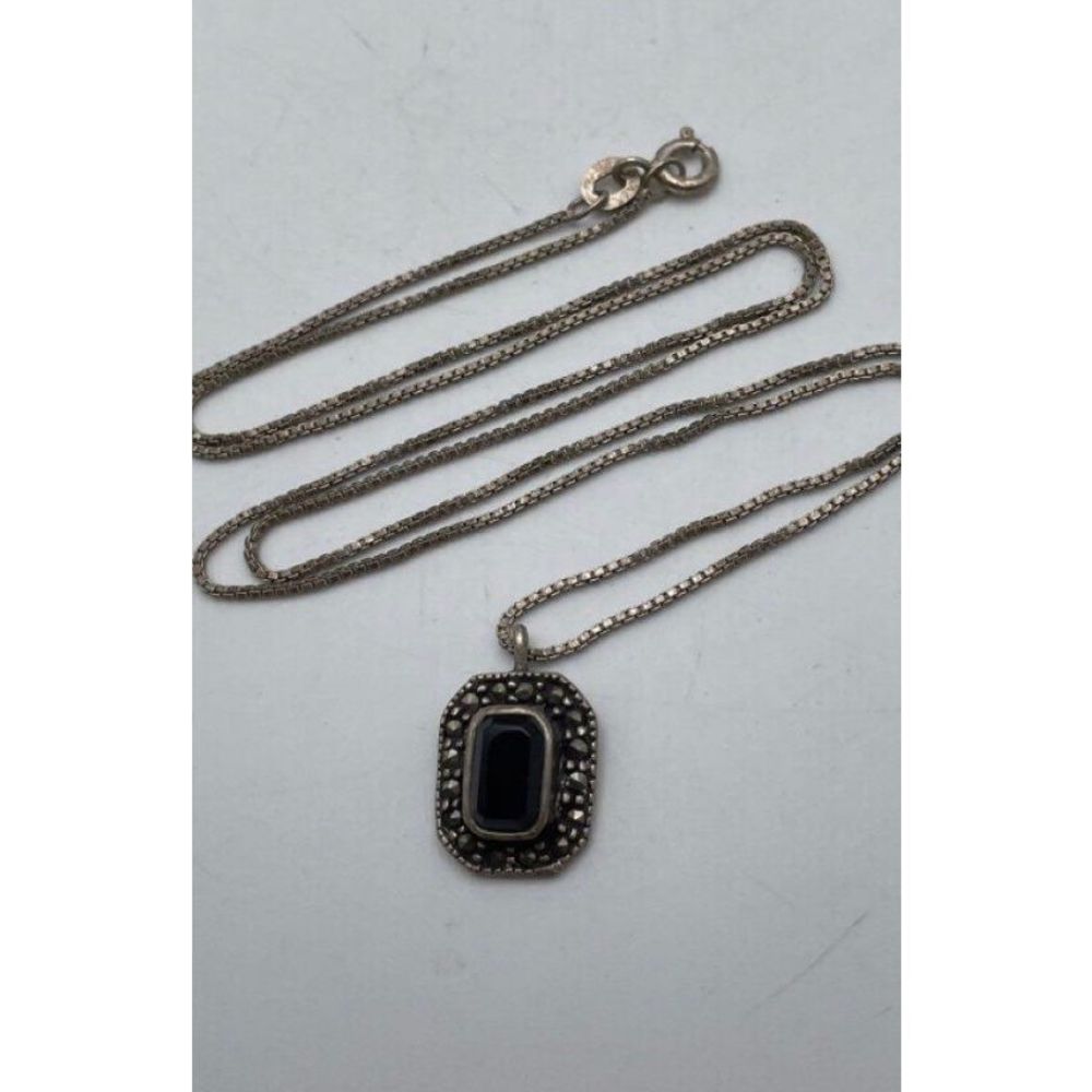 Sterling Rectangular Black Onyx & Marcasite Penda… - image 3